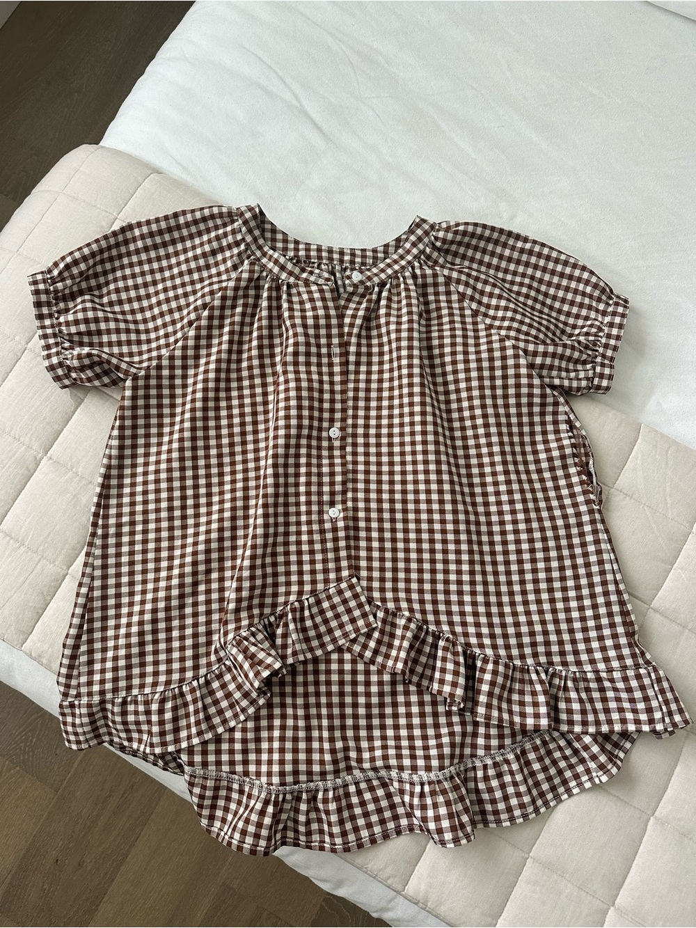 Brown Gingham Ruffle-Hem Short Sleeve Blouse